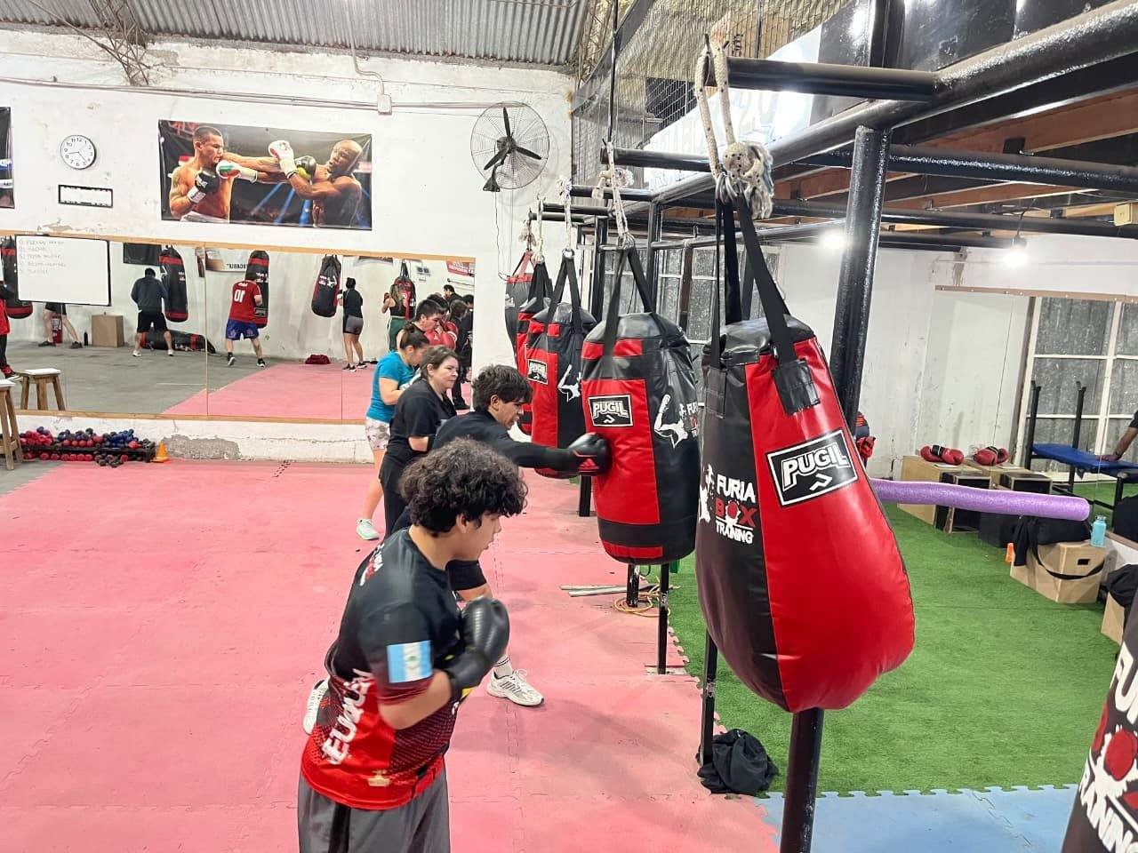 Boxeador entrenando junto a las bolsas rojas de furiabox, Neuquén